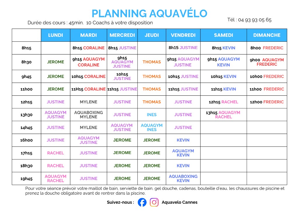 Planning hebdomadaire cours aquabiking aquagym Vallauris
